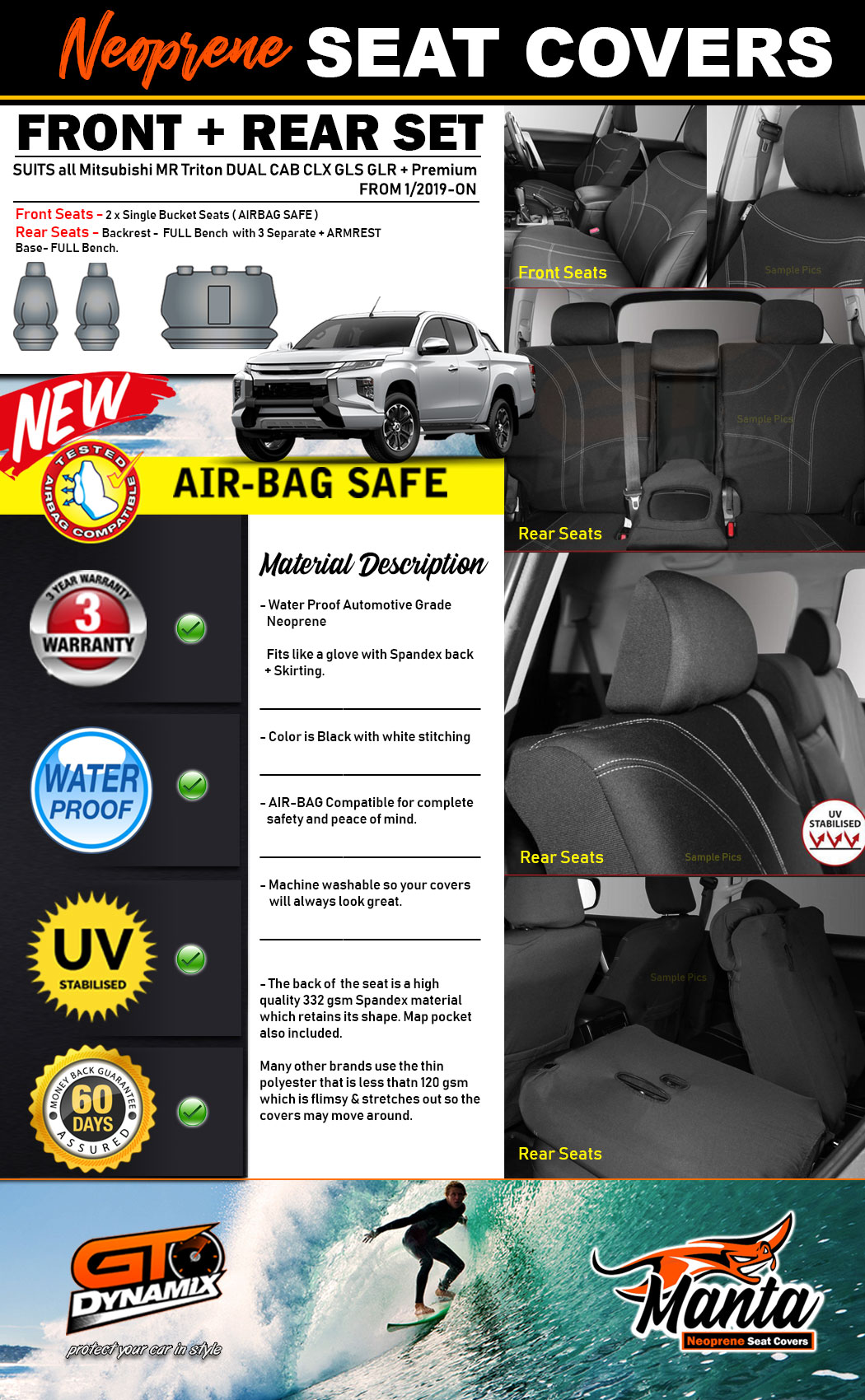 Manta Neoprene Seat Covers 2ROWs Mitsubishi Triton MR DUAL CAB 1/2019