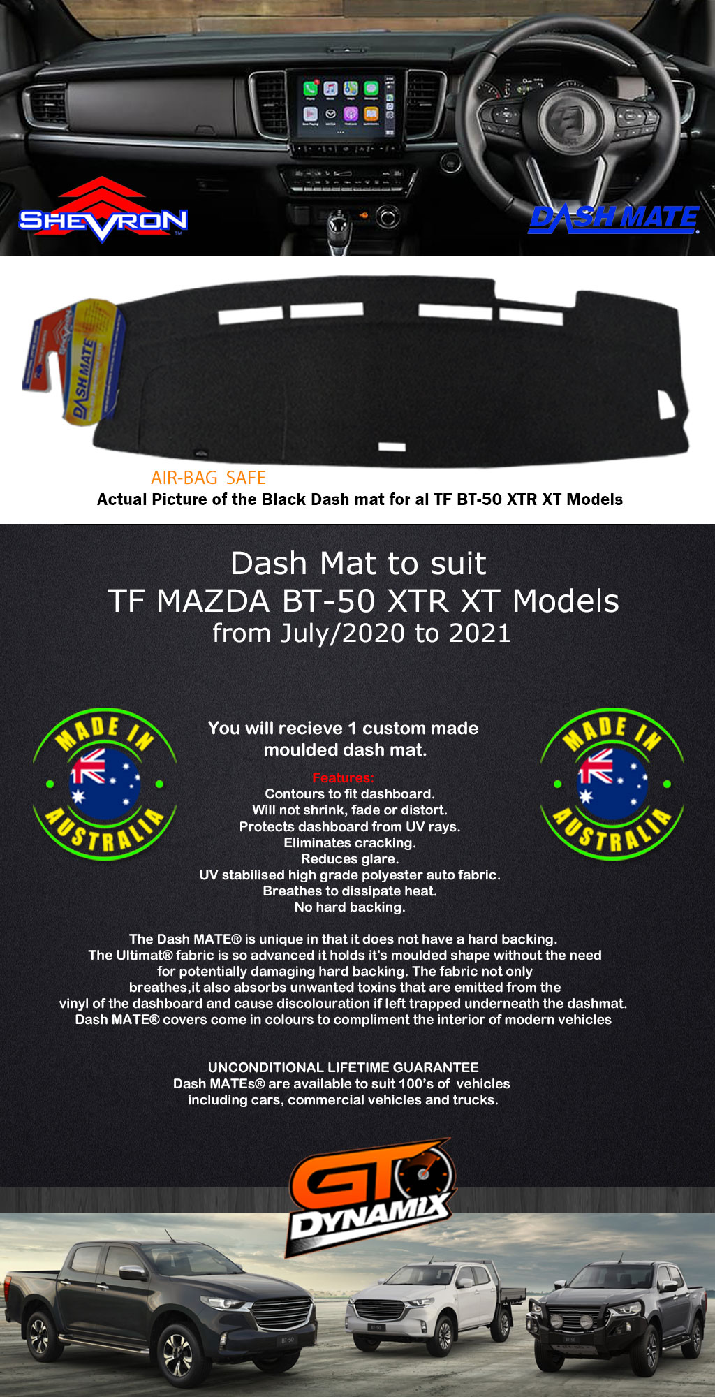 BLACK Dash Mat for Mazda BT50 TF XT XTR BT50 Dual Cab + Single 7/2020