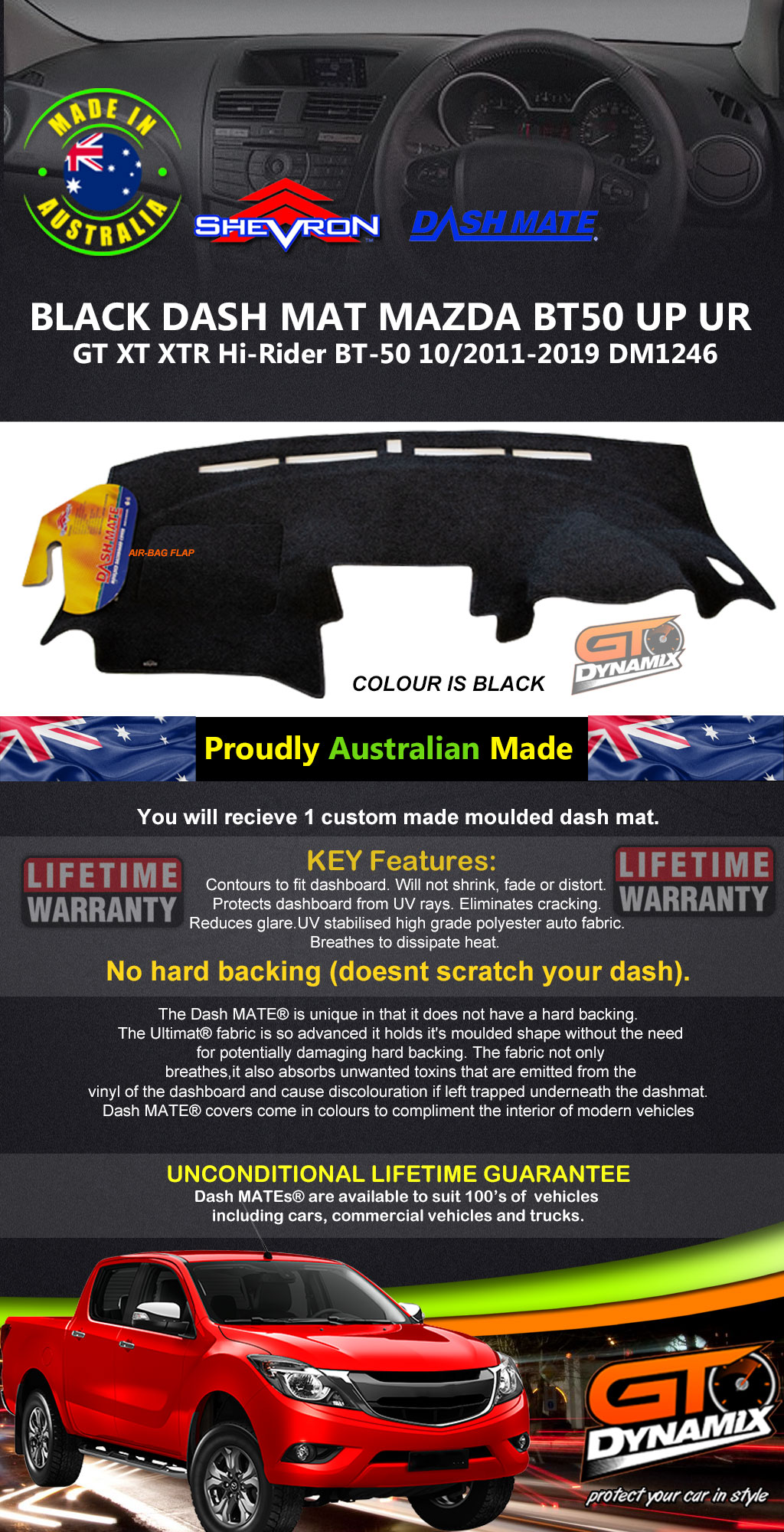 BLACK DASH MAT MAZDA BT50 UP UR GT XT XTR HiRider BT50 10/20112019