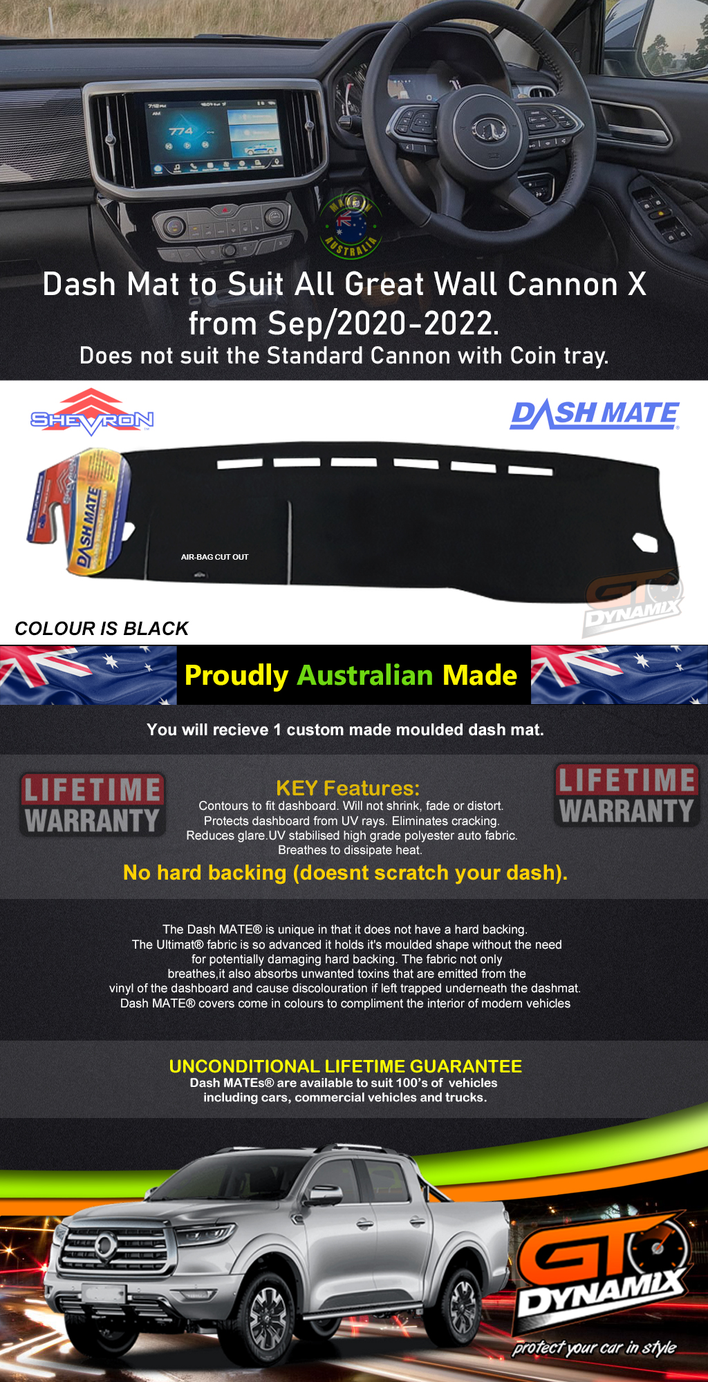 BLACK Dash Mat for GWM CANNON X 4x4 Dual Cab UTE NPW Great Wall DM1614