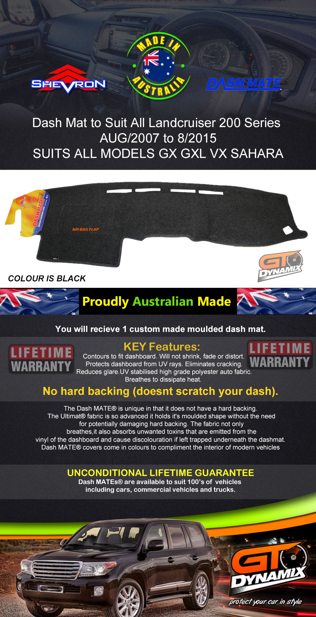 Dash Mat for Toyota Landcruiser 200 Series 8/200708/2015 GXL GX VX