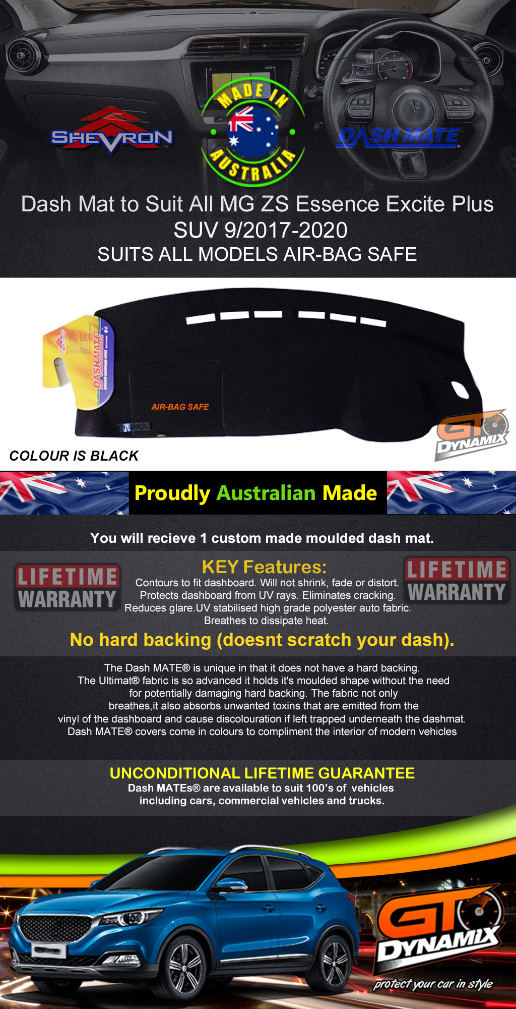 Dash Mat for MG ZS S Excite Plus Essence SUV 9/201720 MY19 Black