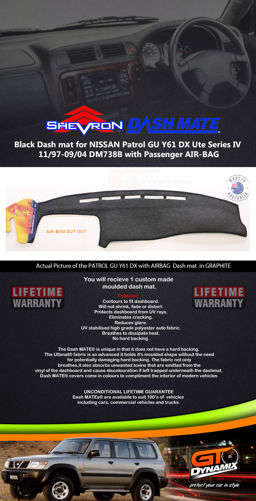 GRAPHITE DASH MAT for Nissan Patrol GU Y61 DX 11/1997Aug/2004 + AIRBAG DM738B eBay