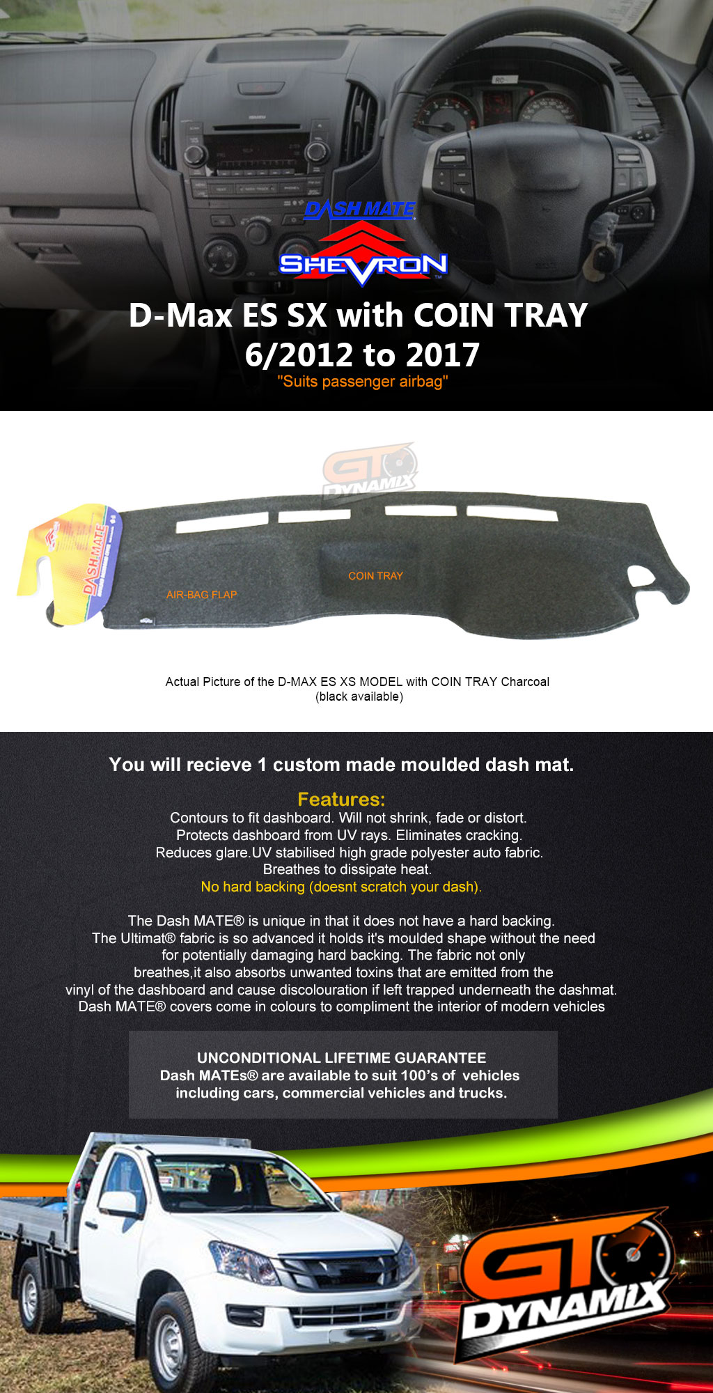 DASH MAT ISUZU DMAX ES SX with COIN TRAY 06/20122019 DMAX CHARCOAL