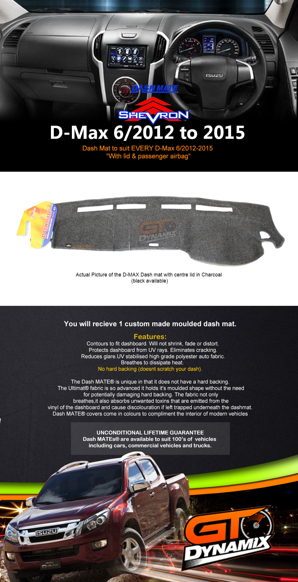 DASH MAT ISUZU DMAX TF MODEL + Centre Lid 06/20122020 DM1282 DMAX