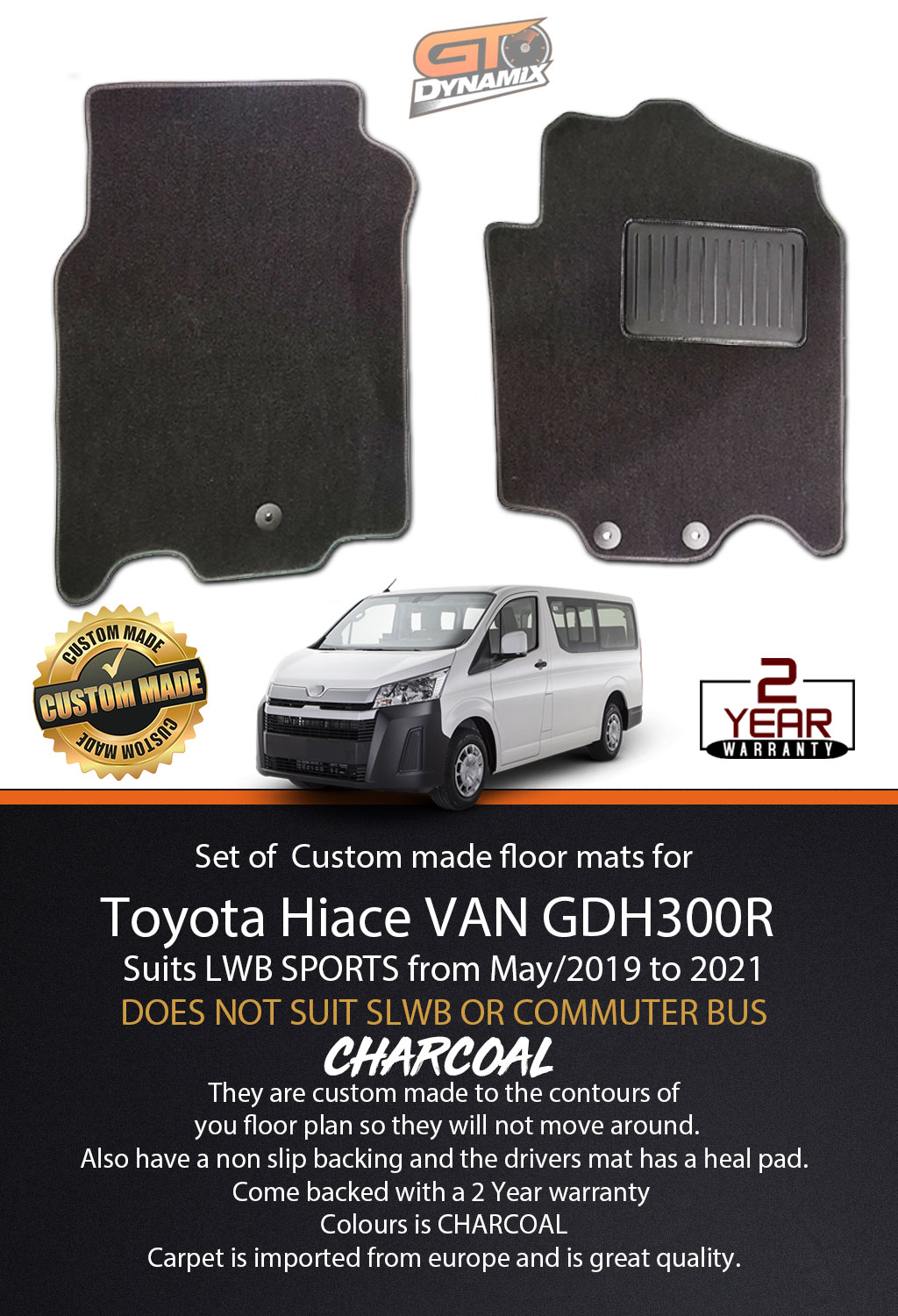 Custom Made Floor Mats for Toyota Hiace VAN GDH300R LWB Sports 5/2019