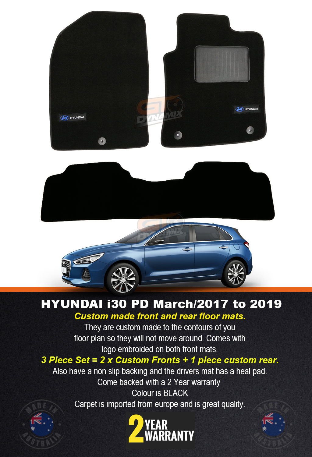 Hyundai i30 PD Custom Made Black Floor Mats SR Premium Active MY18 3/