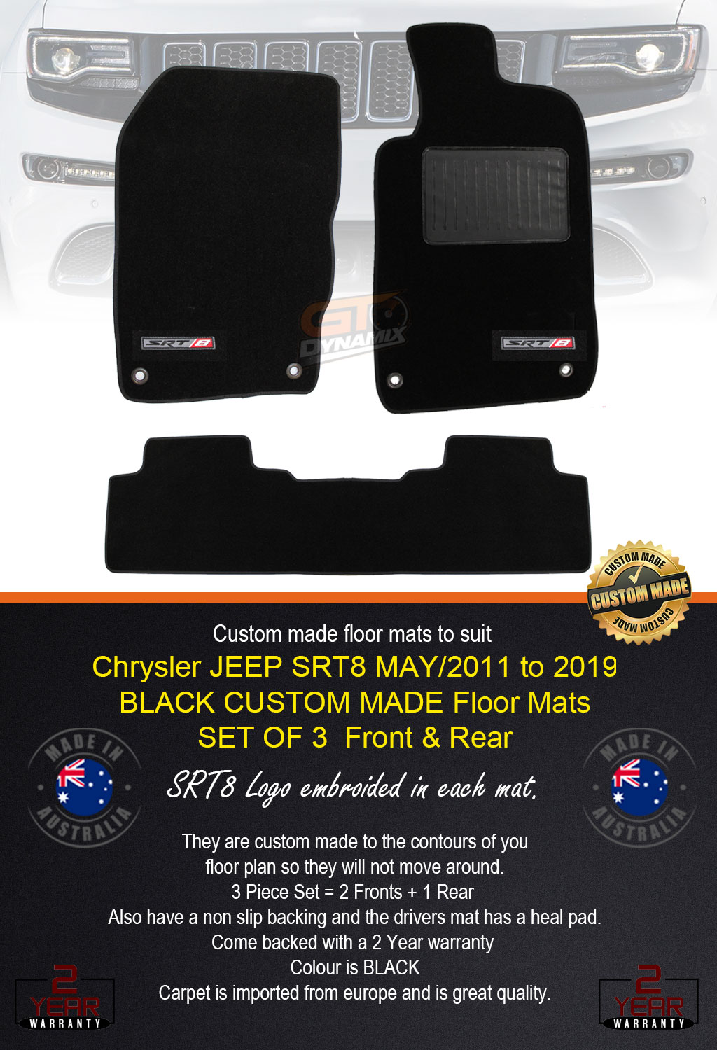 Custom Floor Mats JEEP GRAND CHEROKEE SRT8 WK2 2Row Black 5/20112020