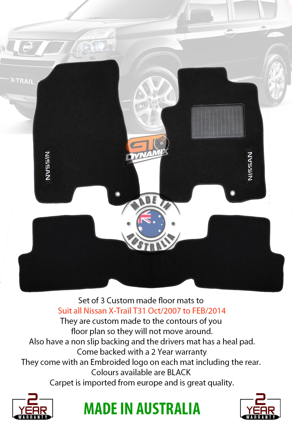 NISSAN XTRAIL T31 Floor Mats FRONT & REAR BLACK Ti Xtrail All Models