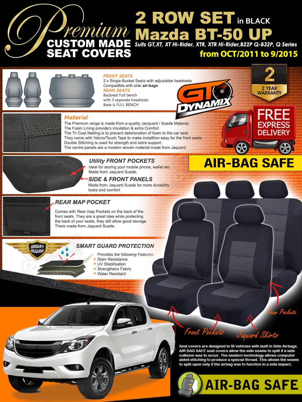 PREMIUM BLACK Seat Covers Mazda BT50 UP Dual Cab 2ROW XT XTR GT 11/2011