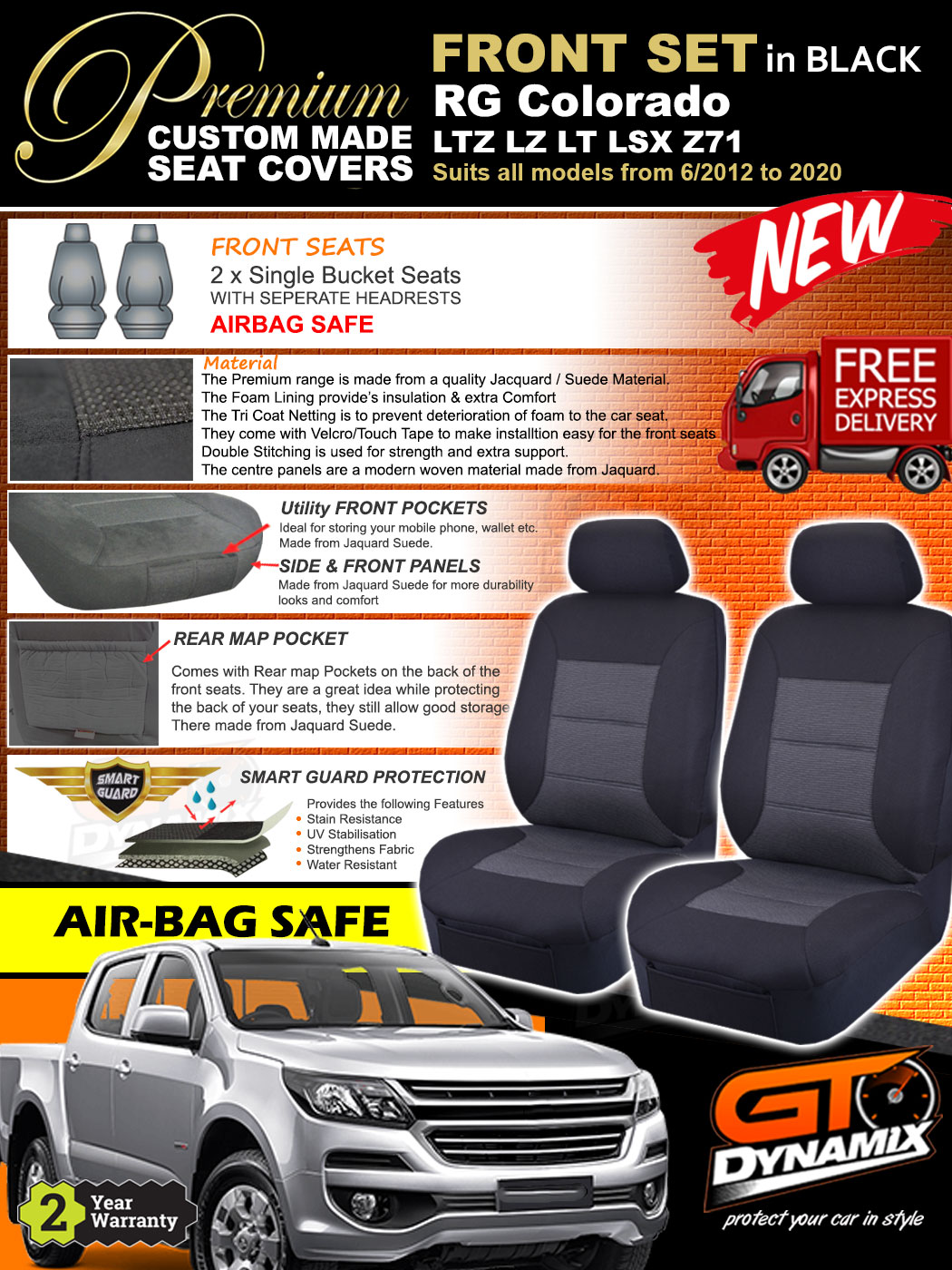 FRONT Premium BLACK HOLDEN RG COLORADO Seat Covers LTZ LT LZ LSX Z71 6/