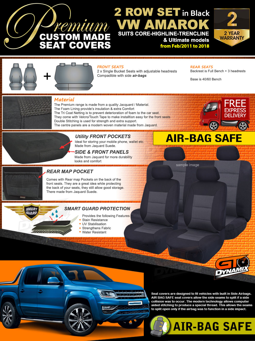 Black PREMIUM Volkswagon Amarok Car Seat Covers 2ROWs 2H TDI400 TDI420