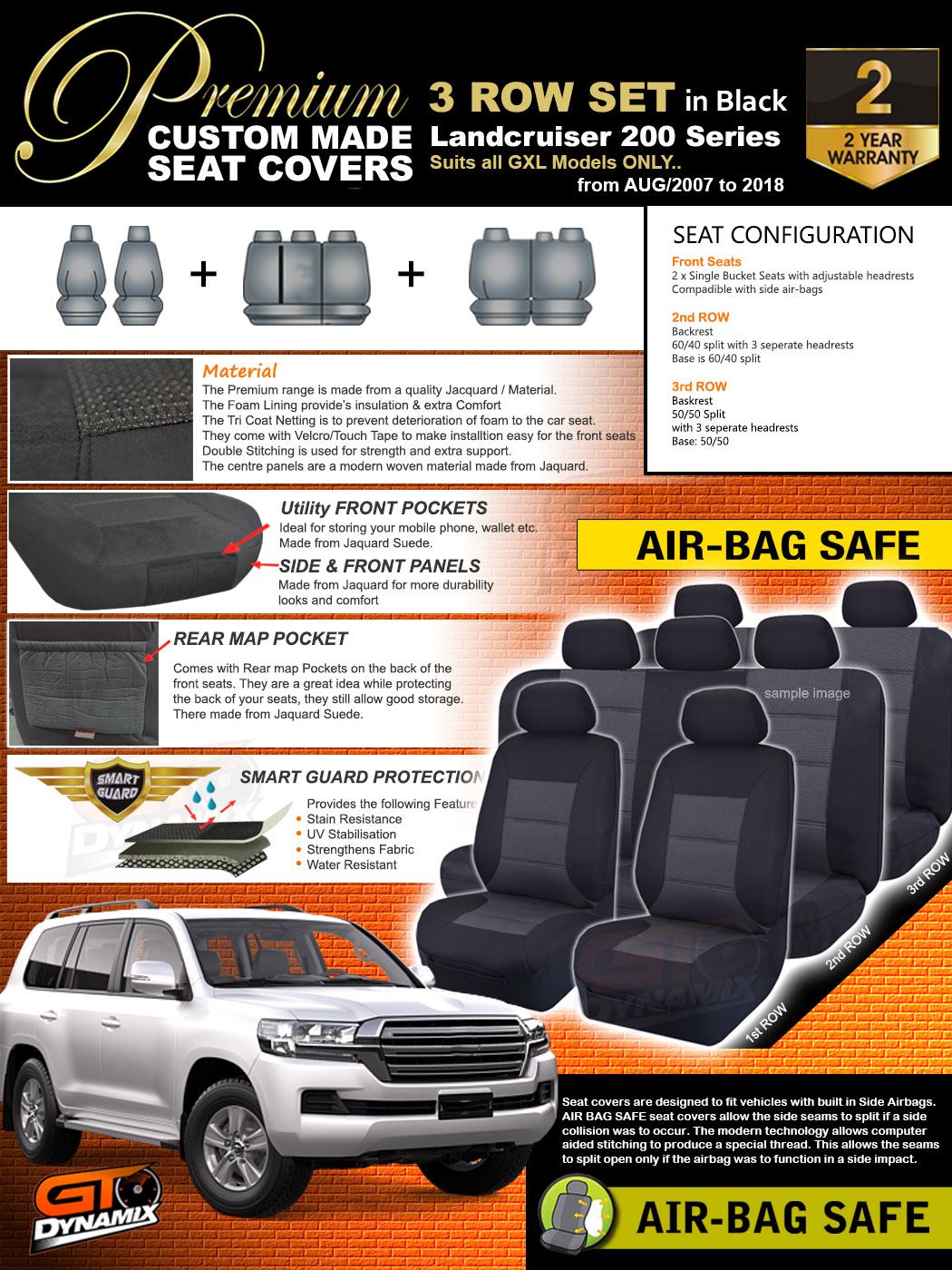 Premium Black Seat Covers to suit Toyota Landcruiser 200 Series 200721 GXL 3Row eBay