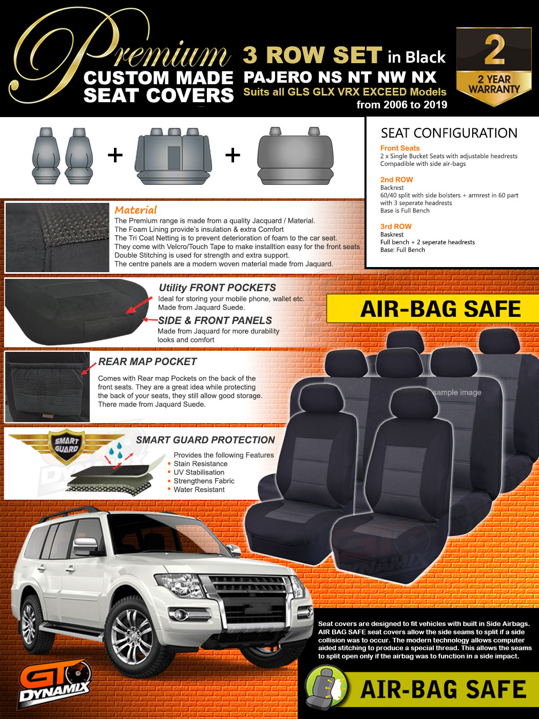 Premium Black Pajero Seat Covers 3 ROW SET NS NT NW NX GLS GLX VRX 2006
