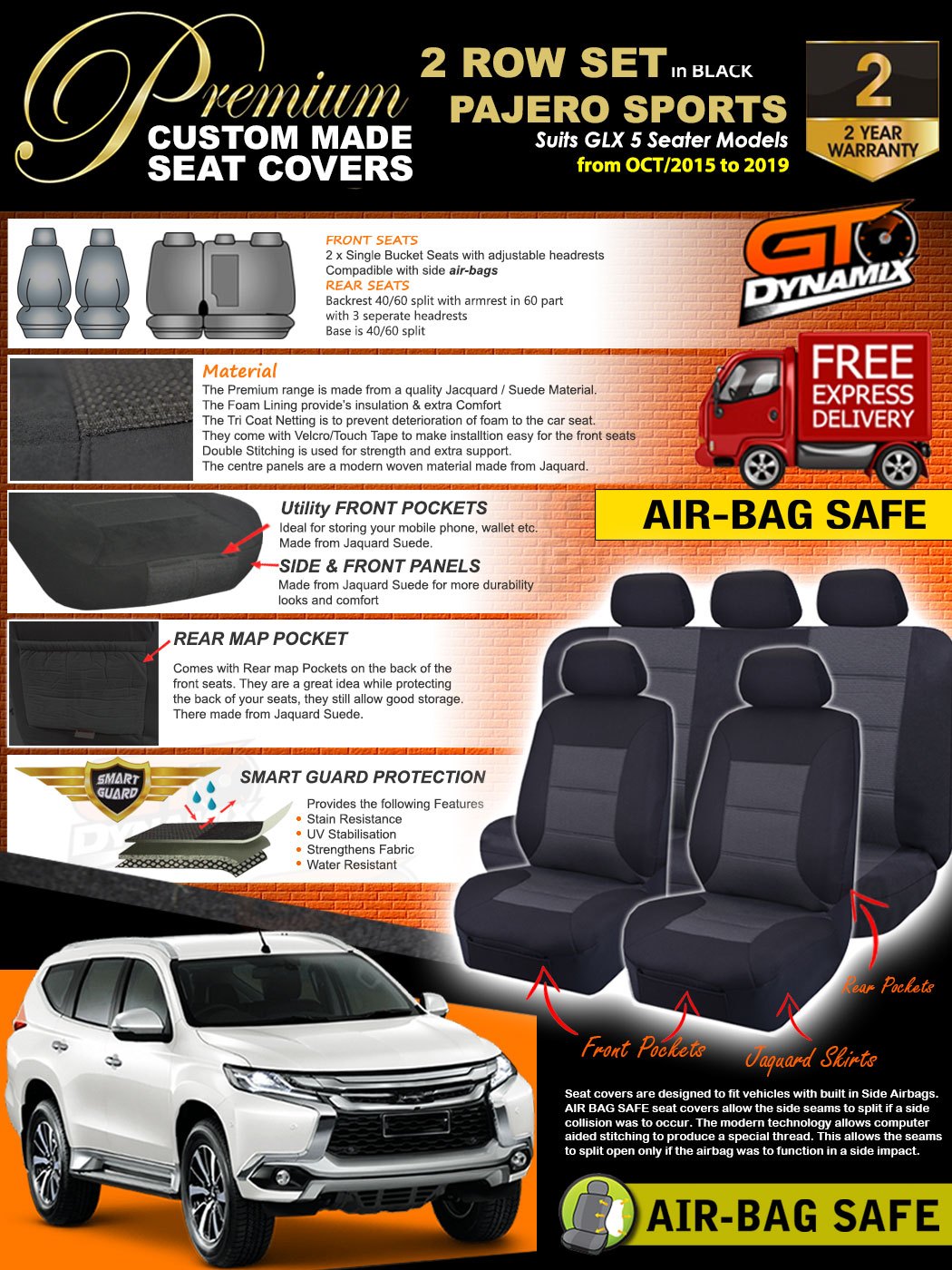 Premium BLACK SEAT COVERS Mitsubishi Pajero SPORTS GLX 2 ROW5 SEATER