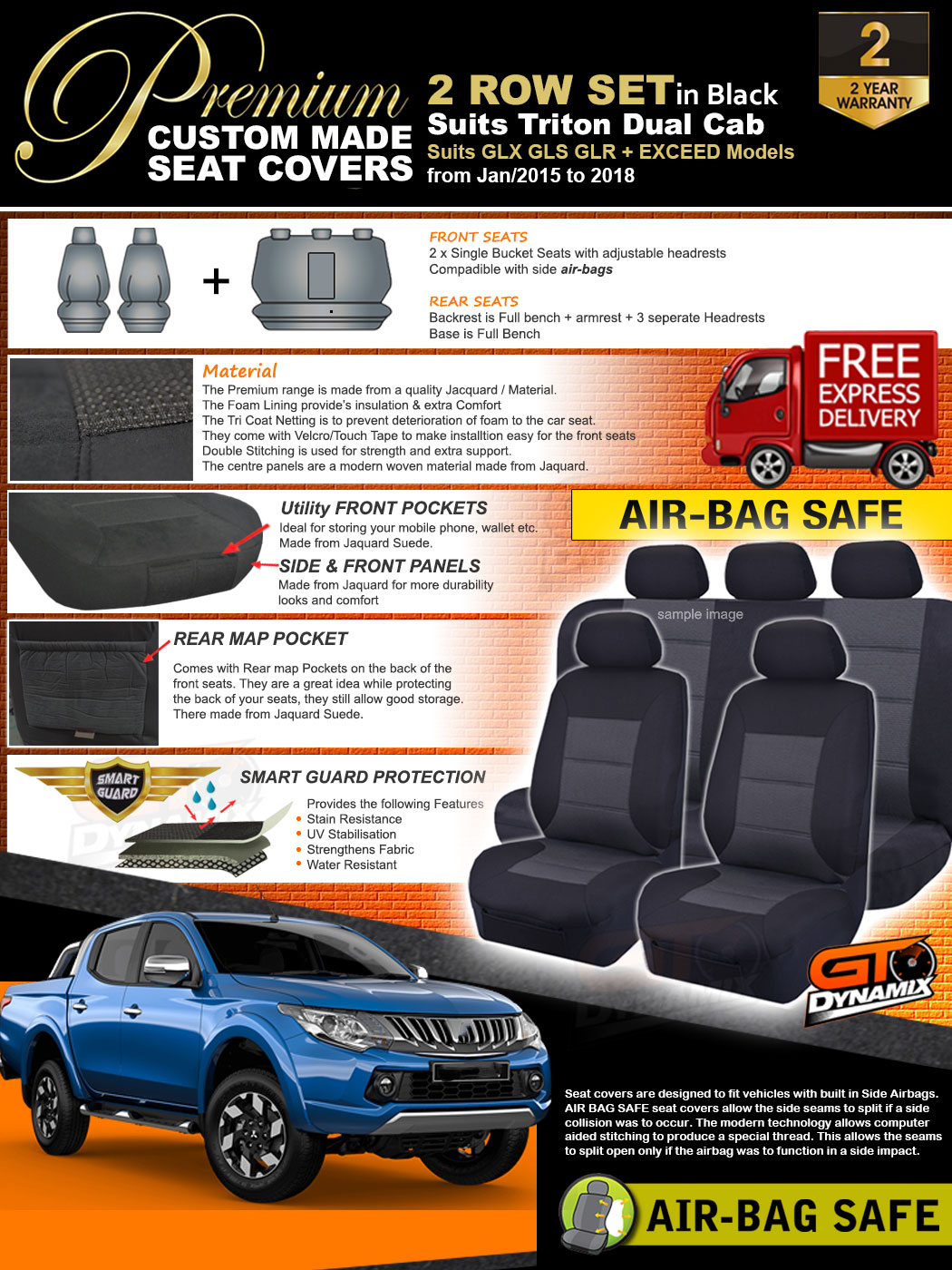 Premium BLACK Seat Covers Mitsubishi Triton MQ Dual CAB 2ROW 201519