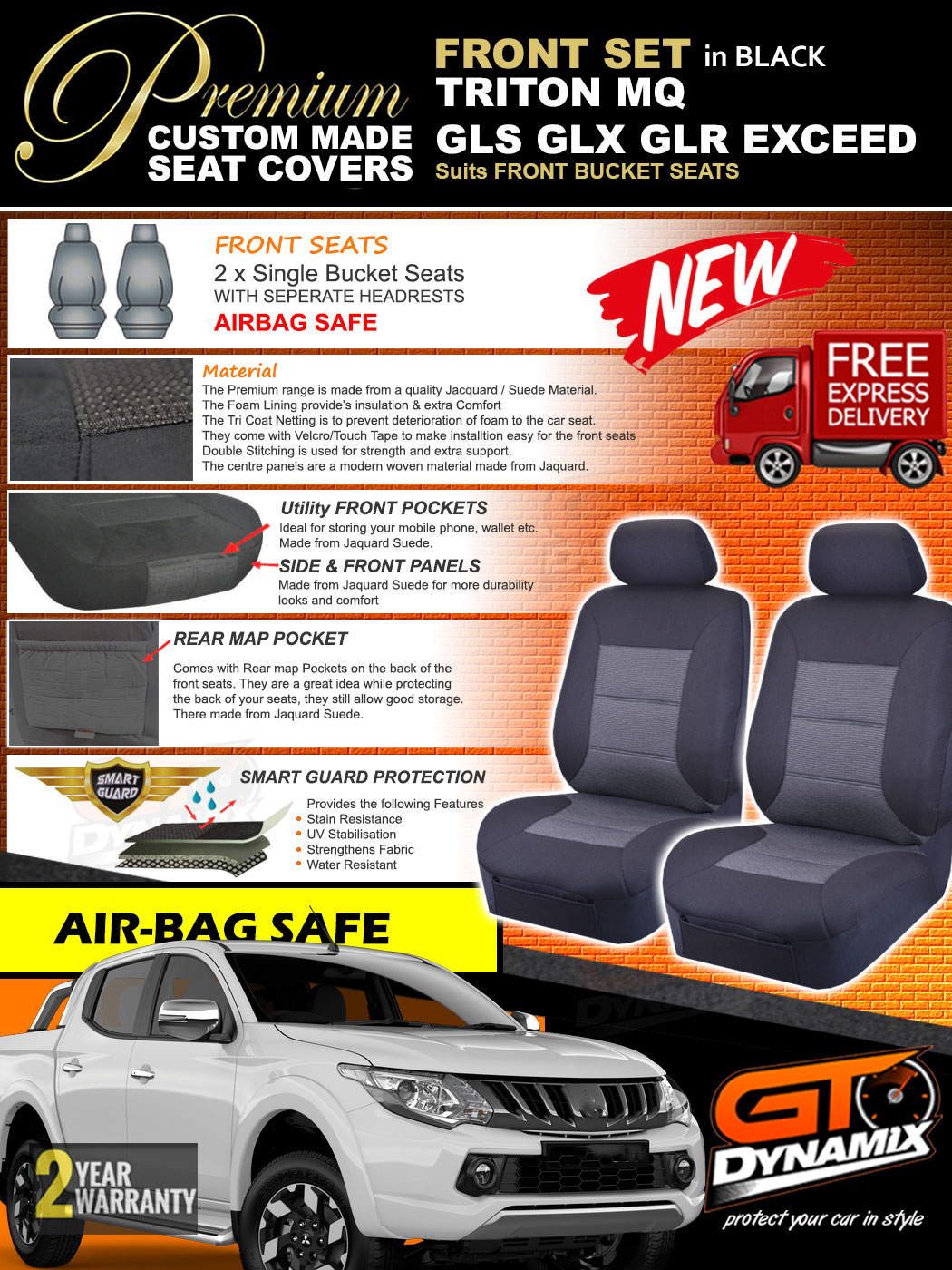 FRONT Premium BLACK Seat Covers Mitsubishi MQ Triton DUAL CAB 1/201518