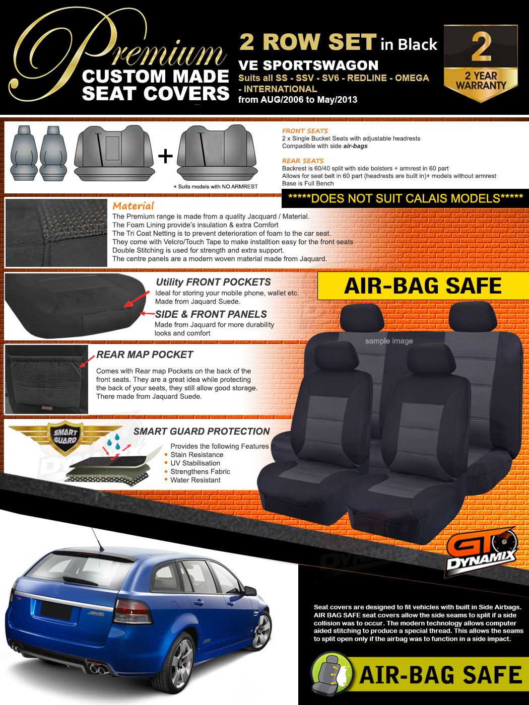 Premium Black Holden VE Sports Wagon Seat Covers 2ROW SS SSV SV6 OMEGA