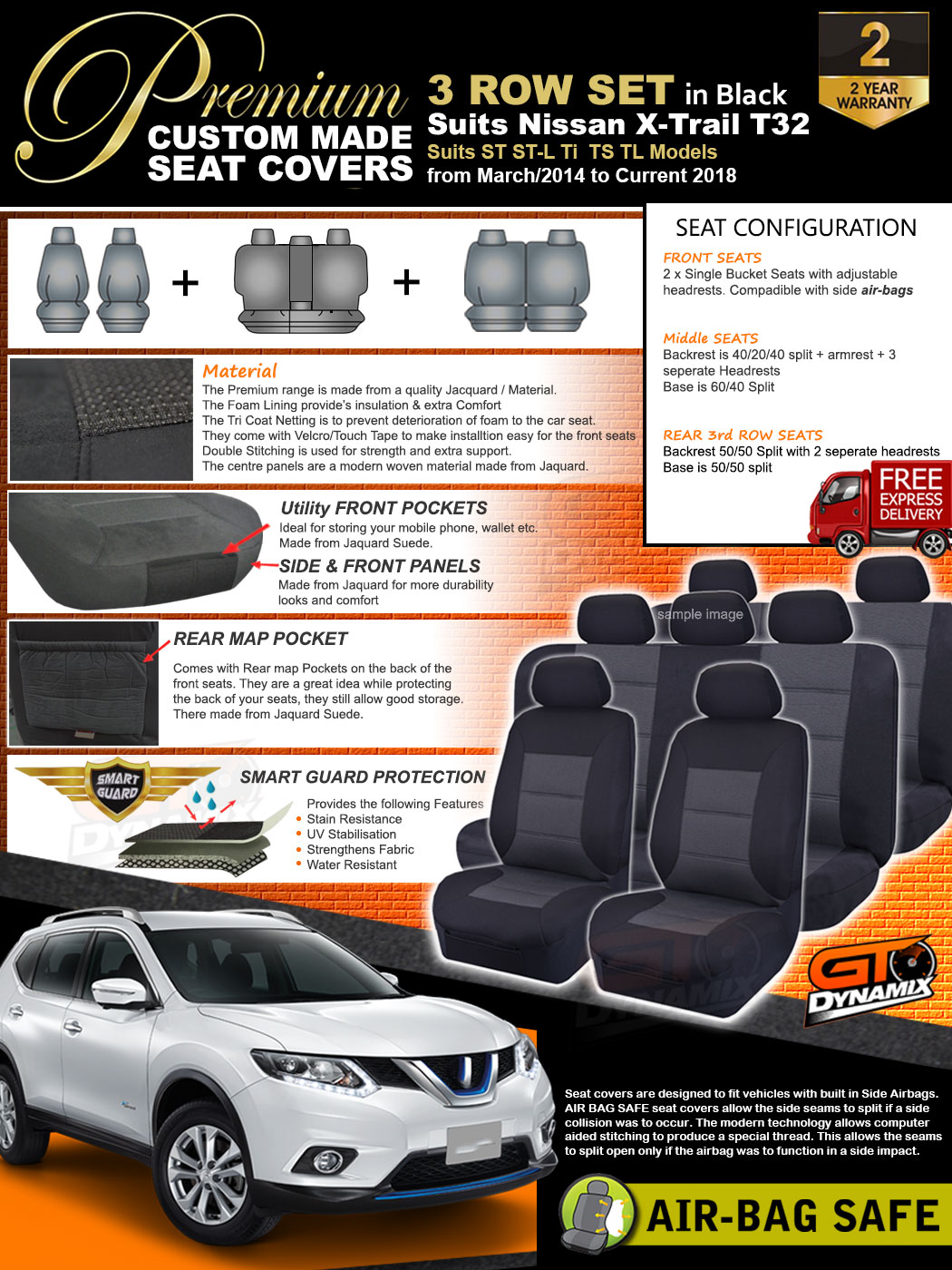 Premium Black Seat Covers Nissan XTRAIL T32 3RowSet 3/201420 ST STL