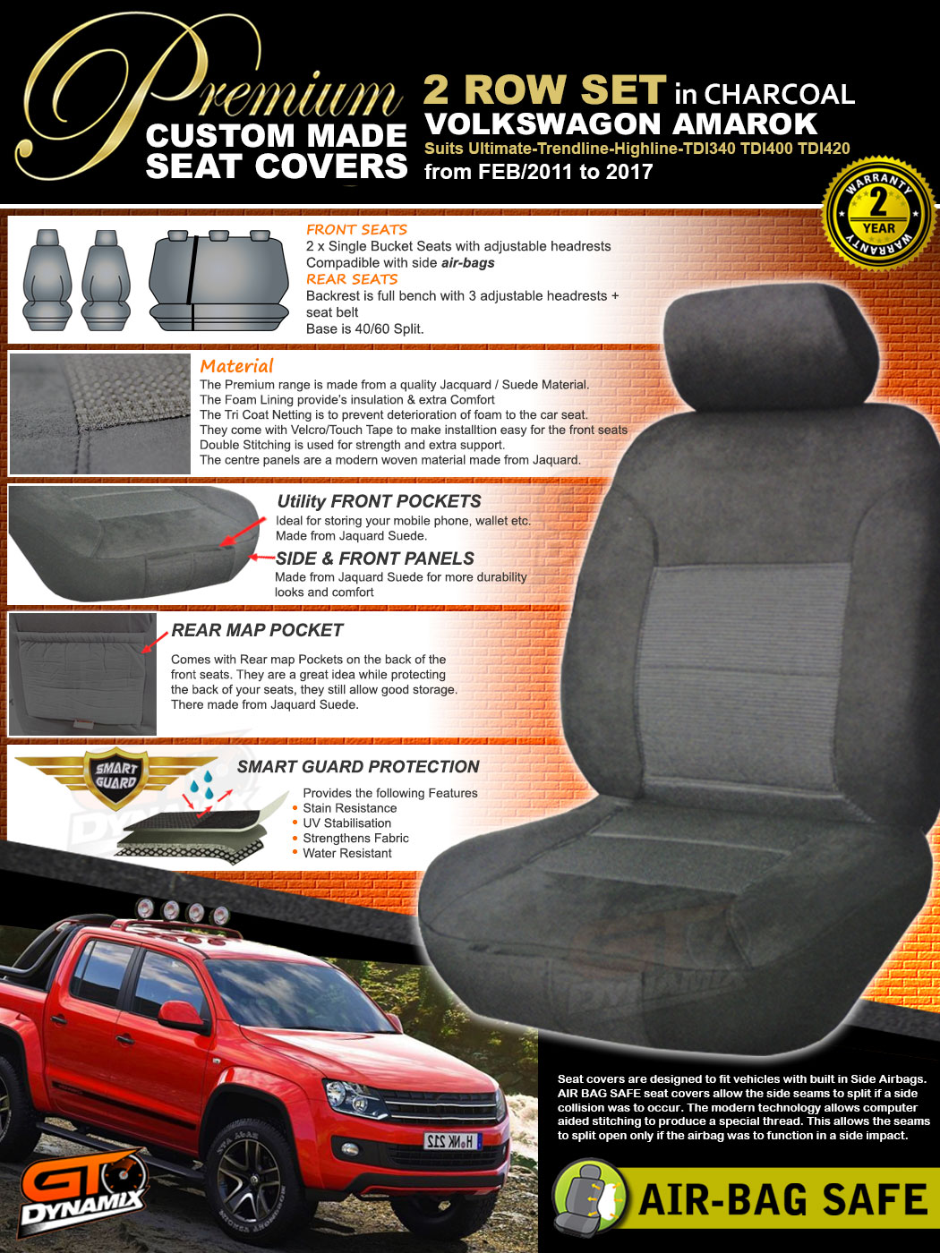 Volkswagon Amarok PREMIUM Car Seat Covers 2ROW TDI400 TDI420 20112019