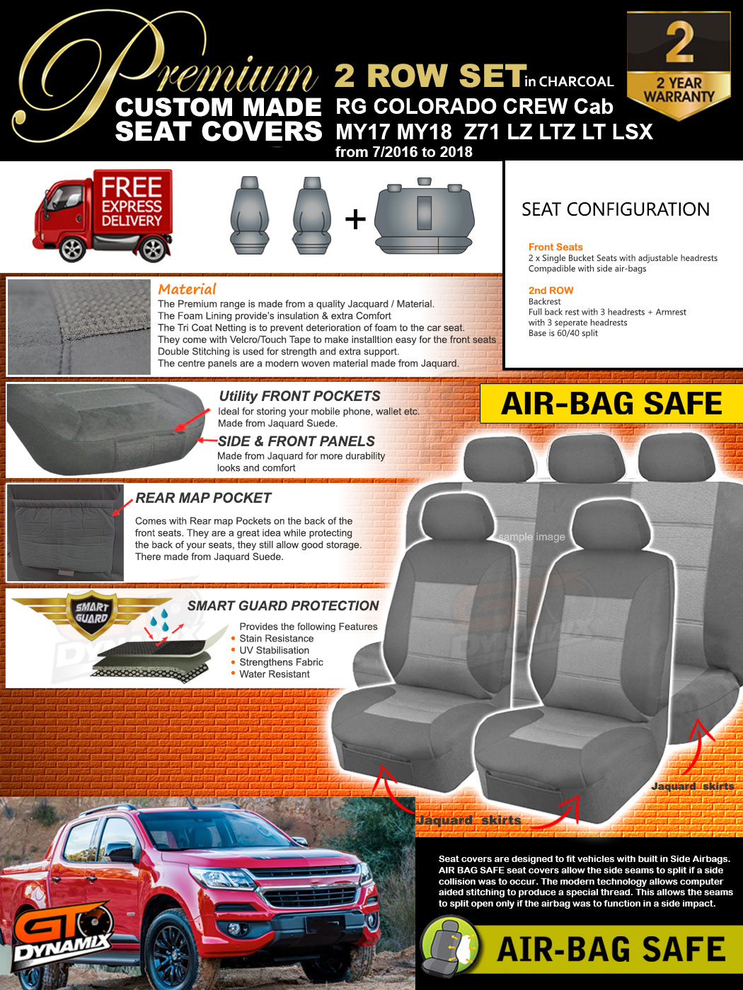 Premium Charcoal HOLDEN COLORADO RG Crew Cab Seat Covers 2ROWs LTZ LZ 7