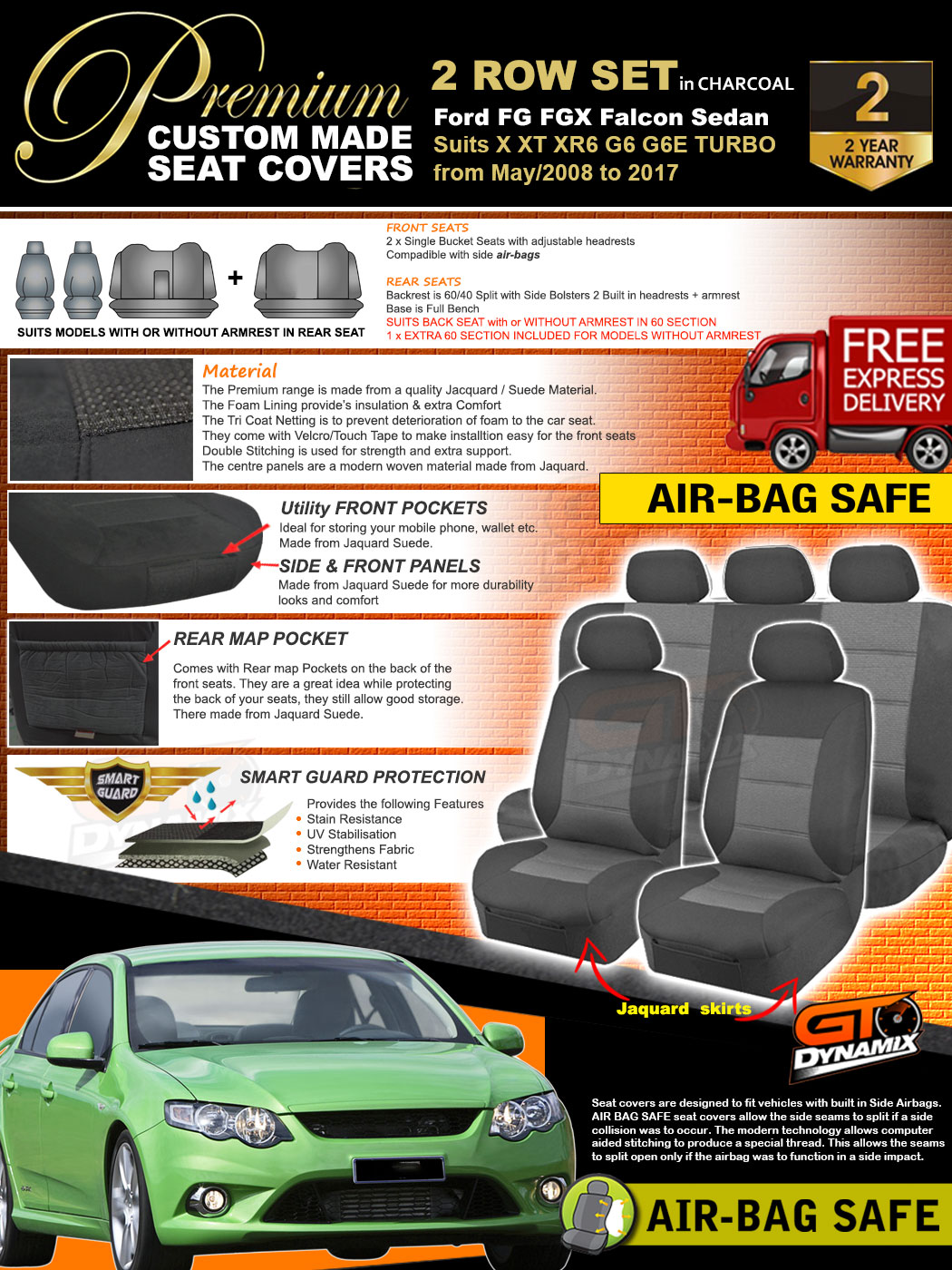 Premium CHARCOAL Car Seat Covers FG FGX Falcon 2ROW XT XR6 G6E TURBO 5/