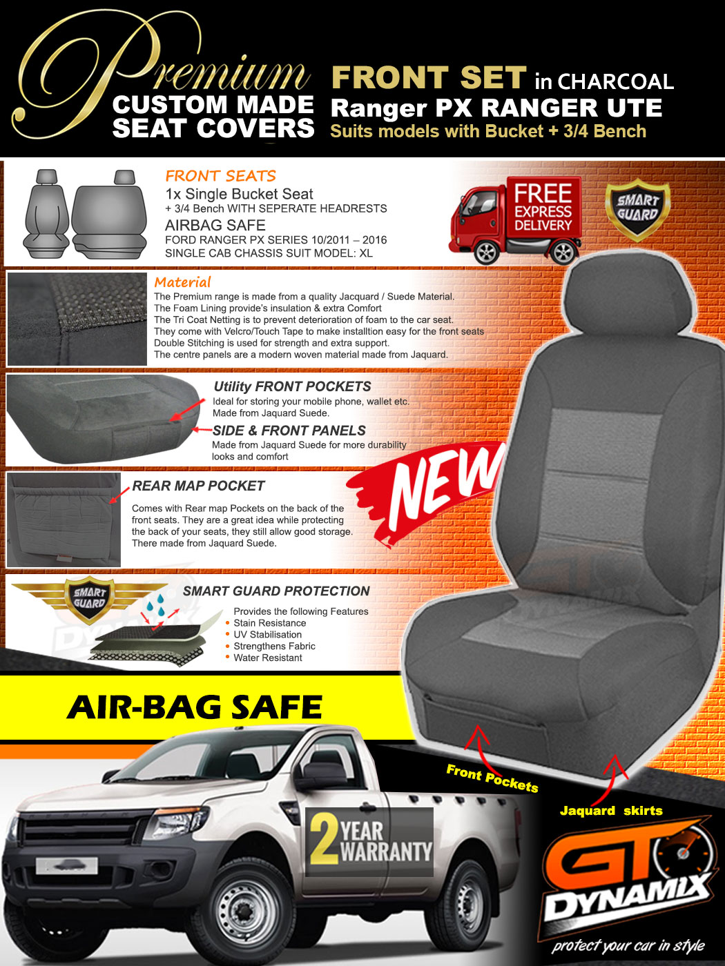 single cab ford ranger on Premium Charcoal Custom Seat Covers Ford Ranger Px Mk1 Single Cab 11 2011 16 Xl Ebay