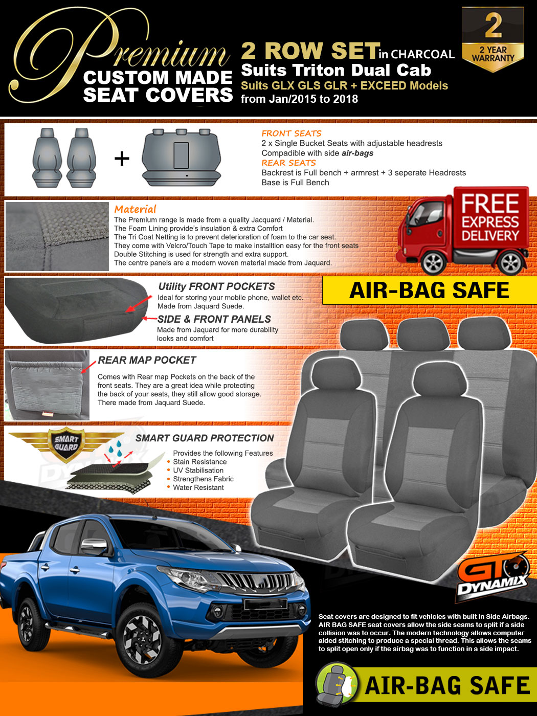 Premium CHARCOAL Seat Covers Mitsubishi Triton MQ DOUBLE CAB 201518