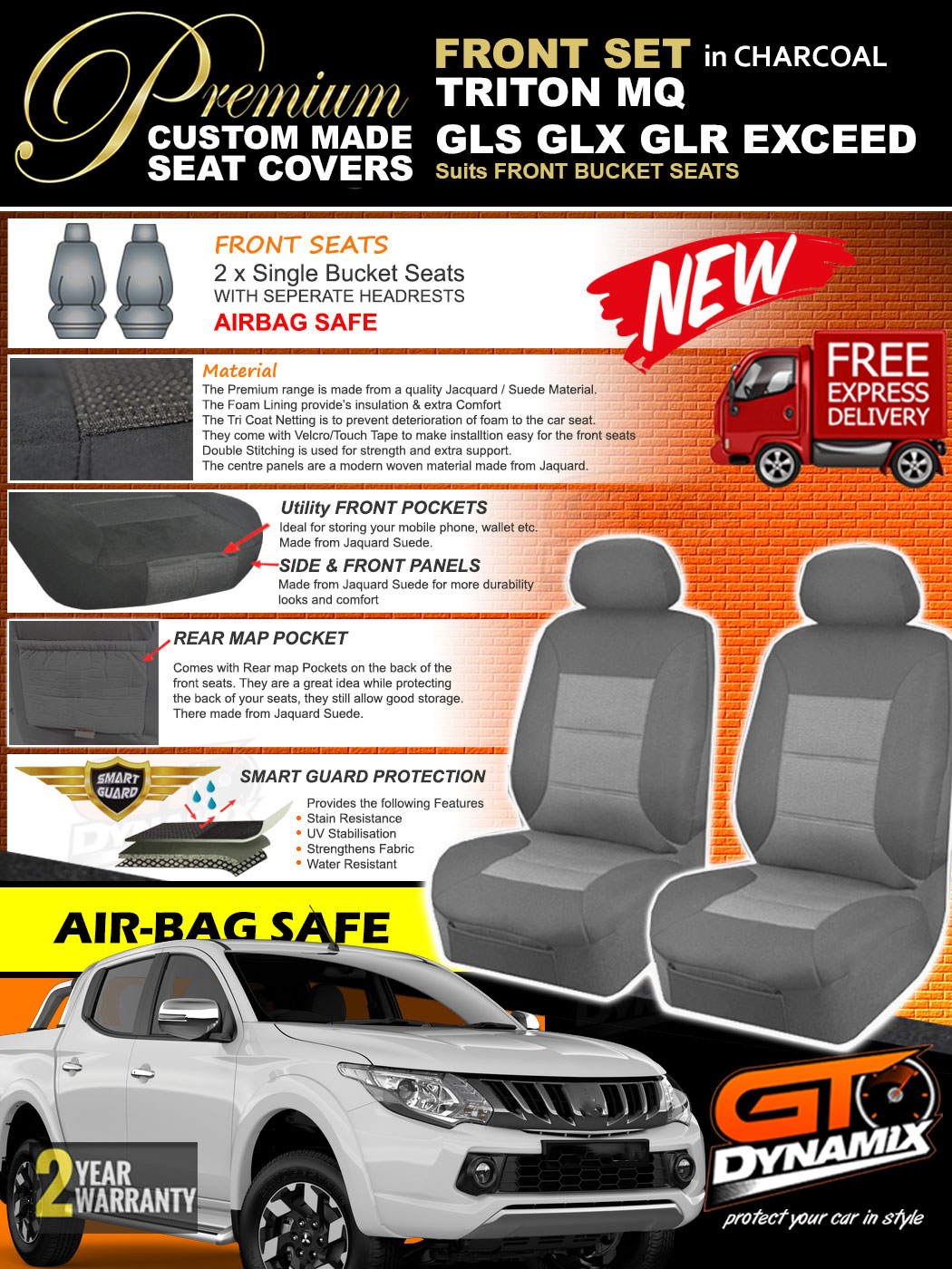 FRONT Premium CHARCOAL Seat Covers Mitsubishi MQ Triton DUAL CAB 2015