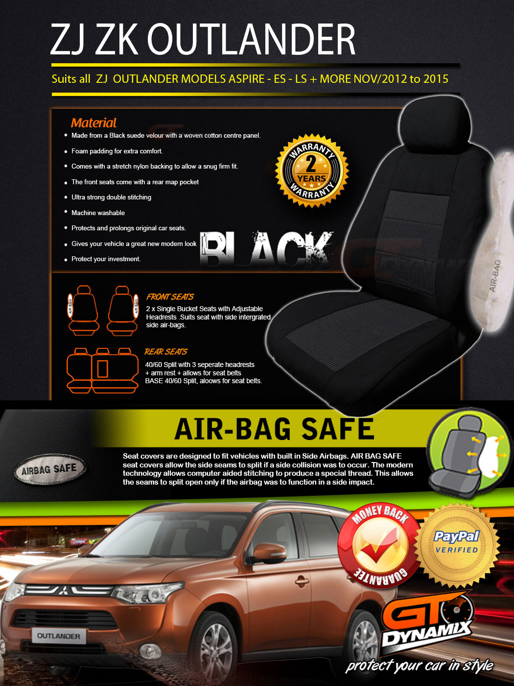 Mitsubishi ZJ ZK OUTLANDER CUSTOM MADE SEAT COVERS F+R NOV/2012 to 2018