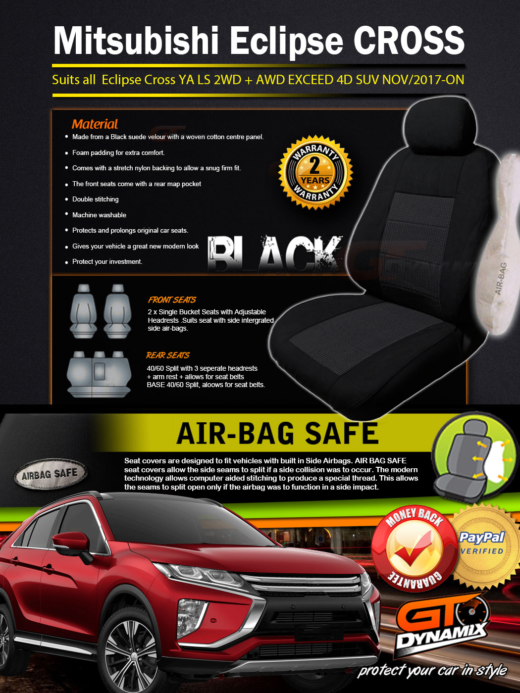 Mitsubishi Eclipse Cross CUSTOM SEAT COVERS 2ROWs YA LS EXCEED 11/2017