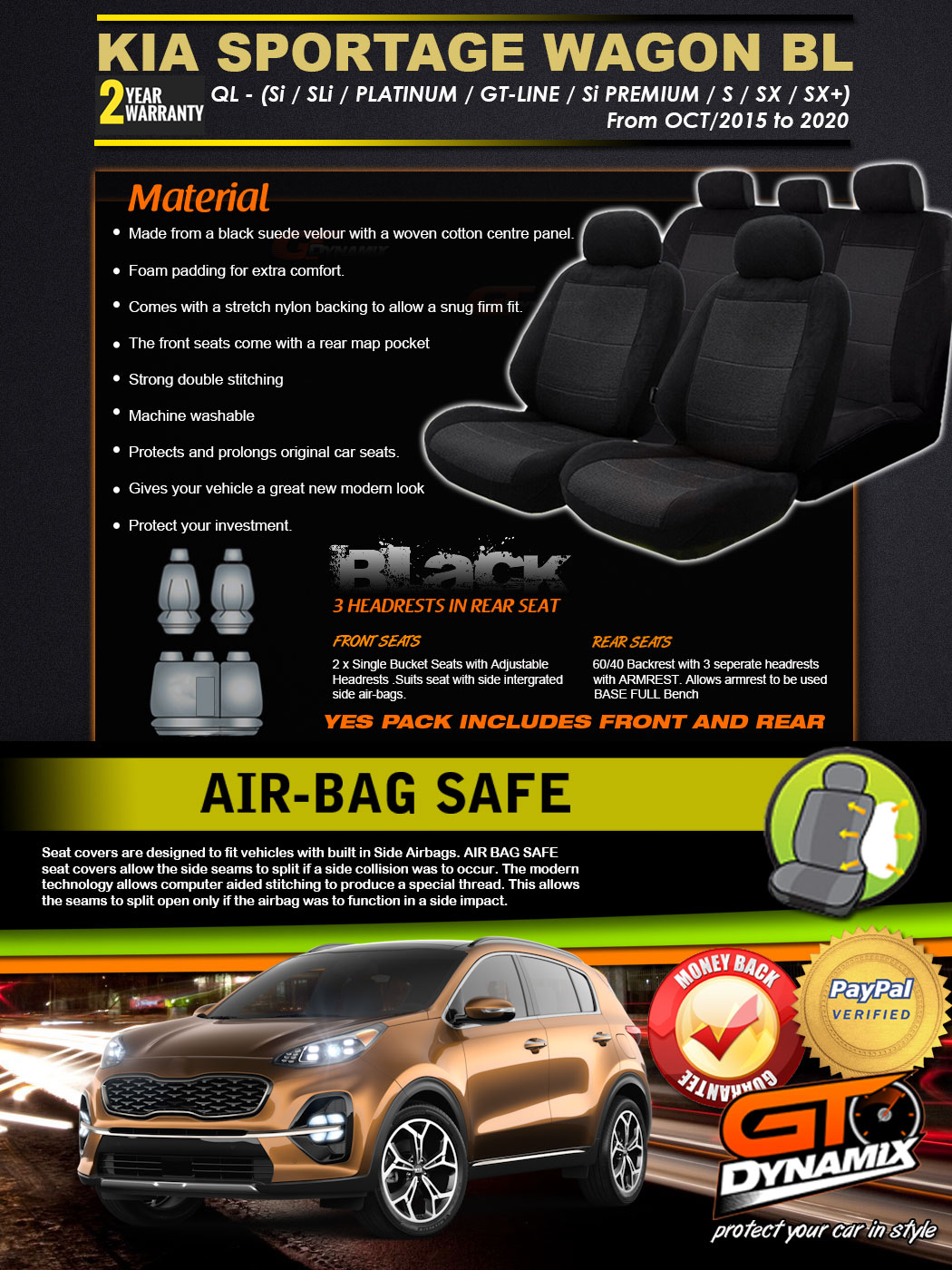 Black Kia Sportage QL Custom Seat Covers 2Row Si SLi PLATINUM Si S SX