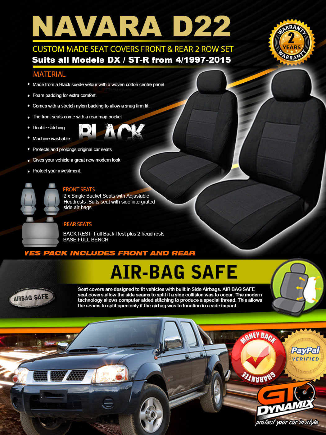 Nissan Navara D22 BLACK Custom Made Seat Covers DX / STR 2ROWs 4/199715 50OFF eBay