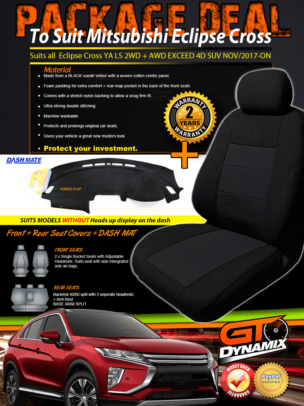 Mitsubishi Eclipse Cross YA SEAT COVERS 2ROW + DASH MAT "NOHUD" 11/2017