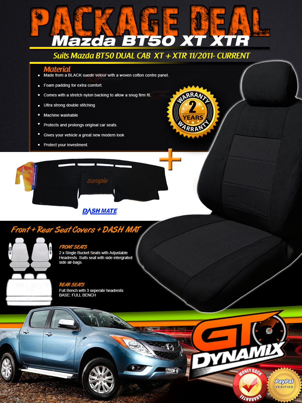 Mazda BT50 Dual Cab Seat Covers F + R + DASH MAT BUNDLE XT/ XTR 11/2011