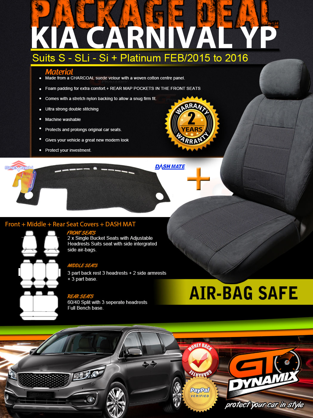 Kia Carnival YP Custom SEAT COVERS 3ROWs + DASH MAT FEB/20152018 S Si SLi CHARC eBay