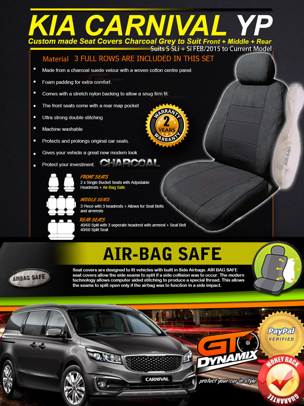 Kia Carnival YP Custom SEAT COVERS 3 ROW SET FEB/20152018 S Si SLi