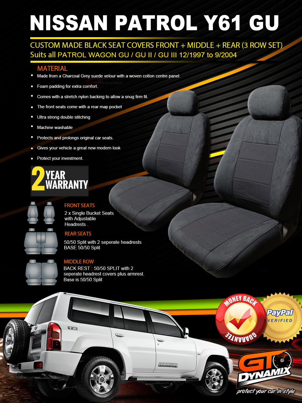 Nissan GU Patrol Y61 Custom Made Seat Covers F+M+R 12/19979/2004 GU2 GU3 CHARC eBay