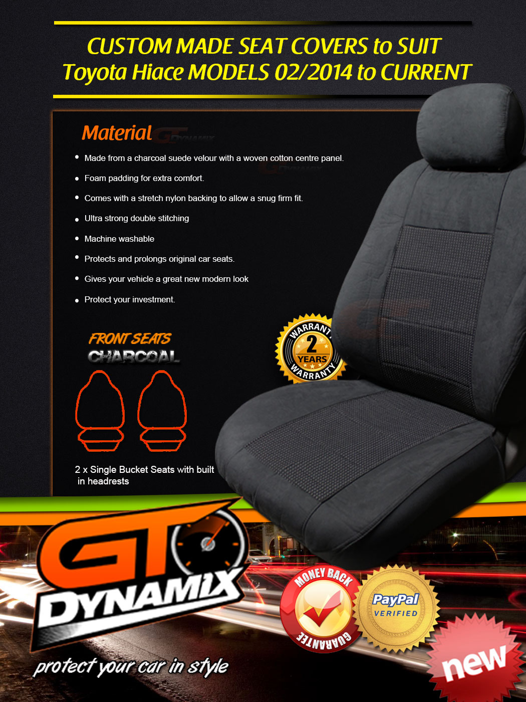 Custom Made SEAT COVERS for Toyota Hiace Van LWB 2/20142019 KDH201R
