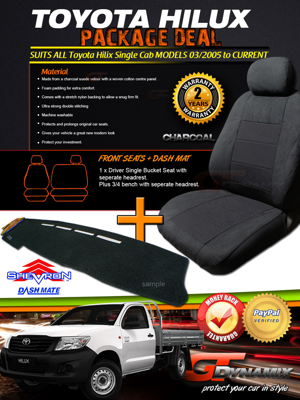 Custom Seat Covers + DASH MAT for Toyota Hilux Singe Cab 03/200515
