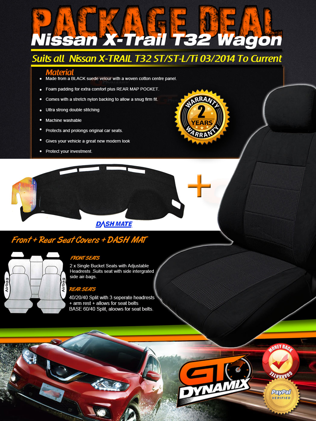 Nissan XTRAIL T32 BLACK Seat Covers F+R & DASH MAT PACKAGE 03/2014