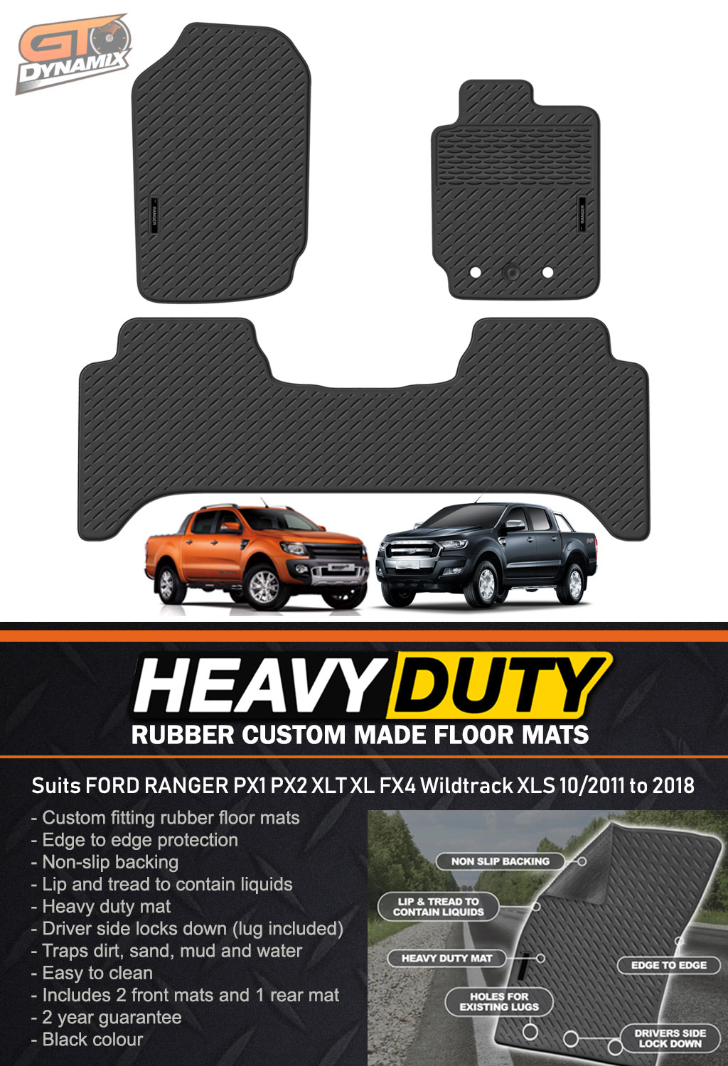 Custom HD Rubber Floor Mats Ford Ranger PX1 PX2 PX3 MK3 Dual Cab 2011