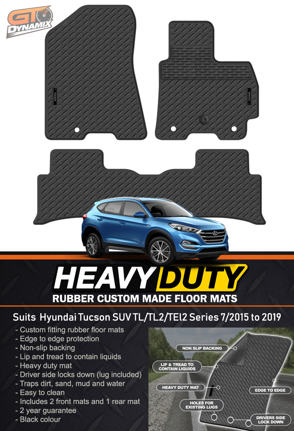 Custom HD Rubber Floor Mats Hyundai Tucson Active Elite TL 7/20156/