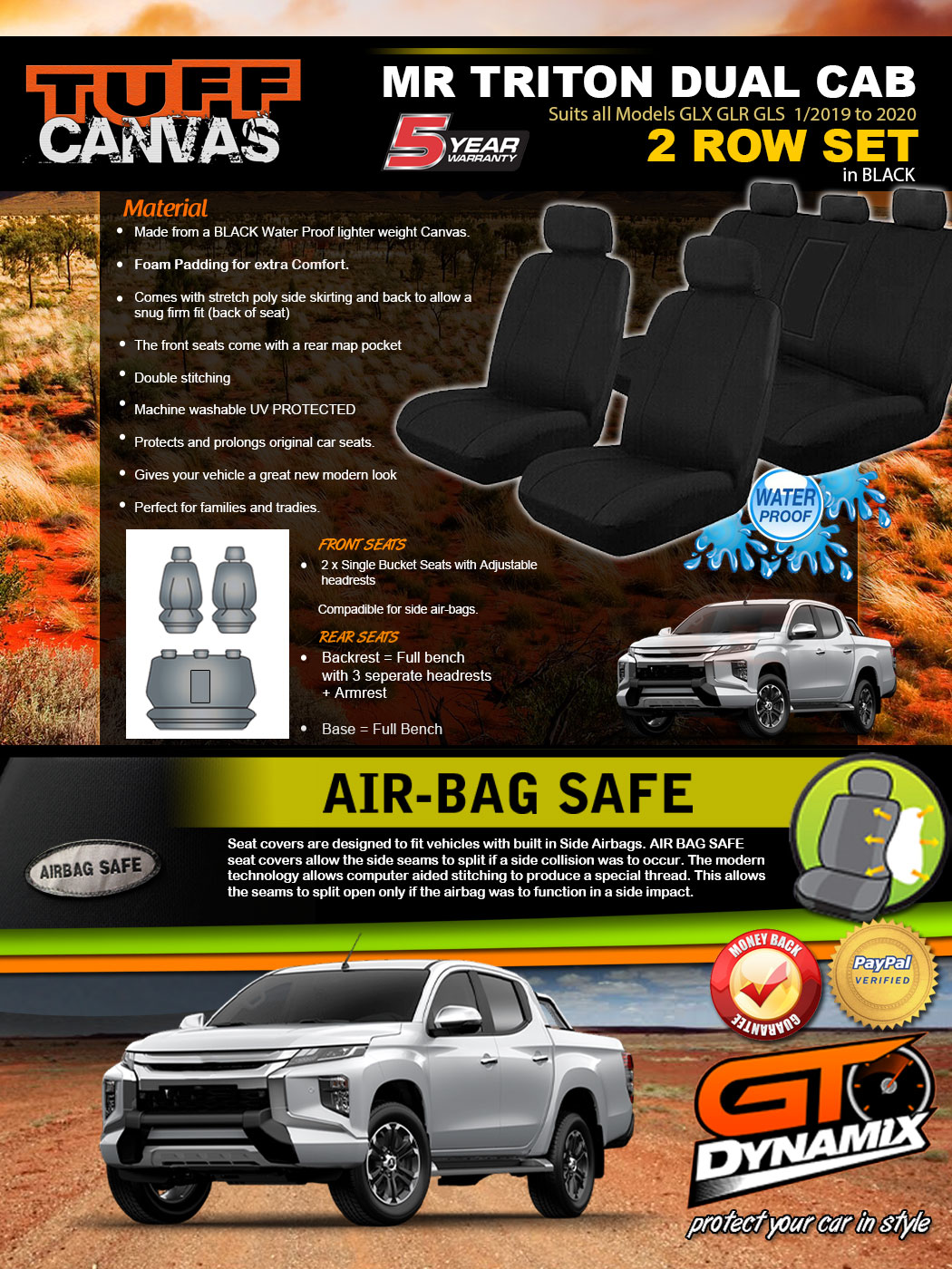 Black Tuff Canvas Seat Covers 2ROW Mitsubishi Triton MR DUAL CAB 1/2019