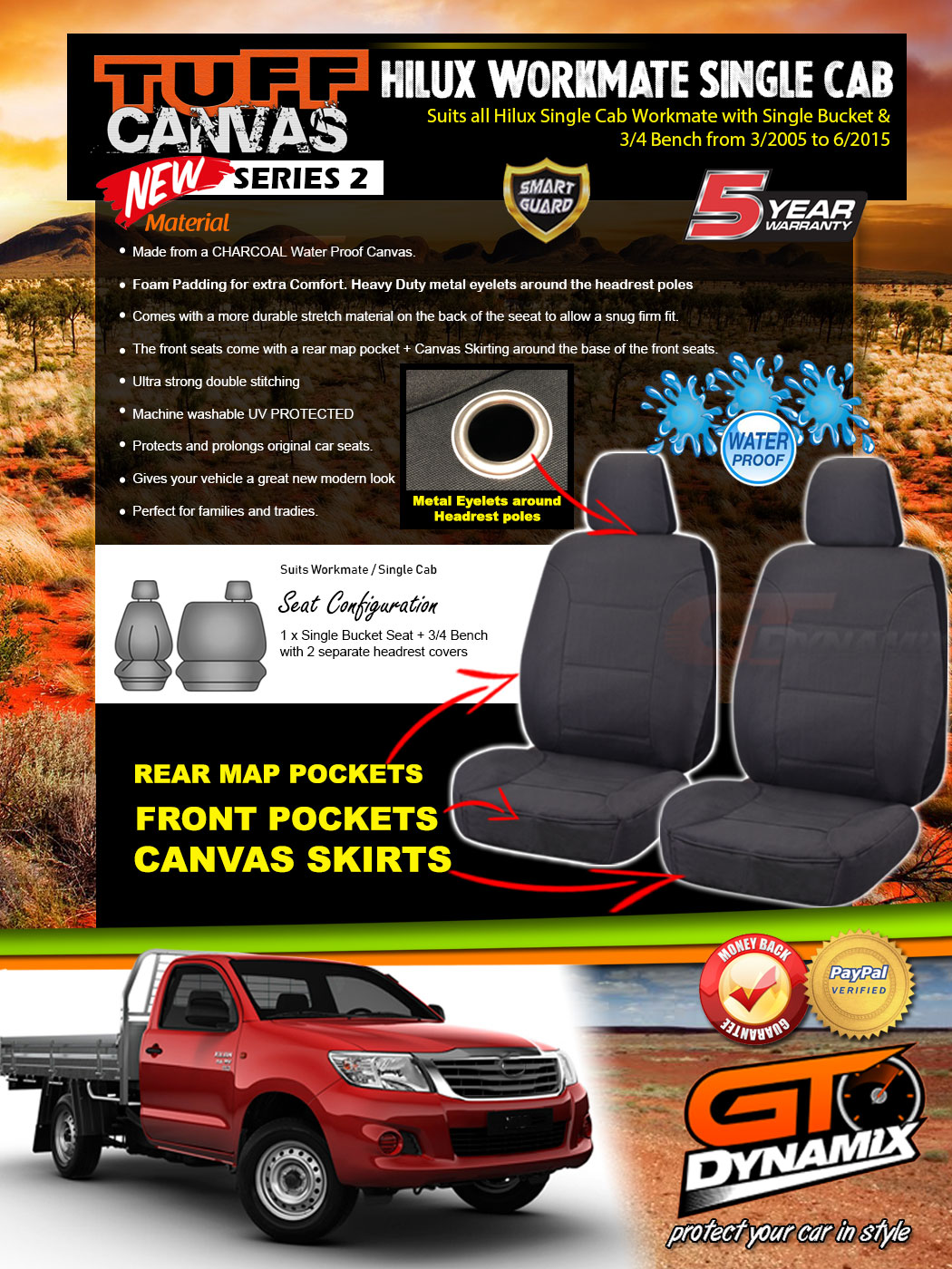 TUFF Canvas Charcoal Custom Seat Covers for Hilux Single Cab Workmate