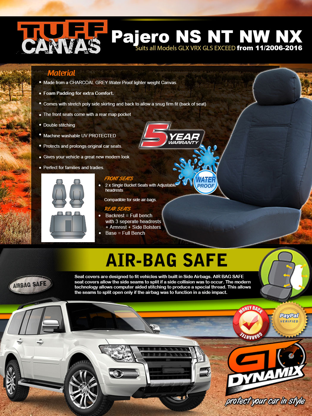 Mitsubishi Pajero Charcoal Canvas SEAT COVERS 2Rows GLX VRX GLS NS NT