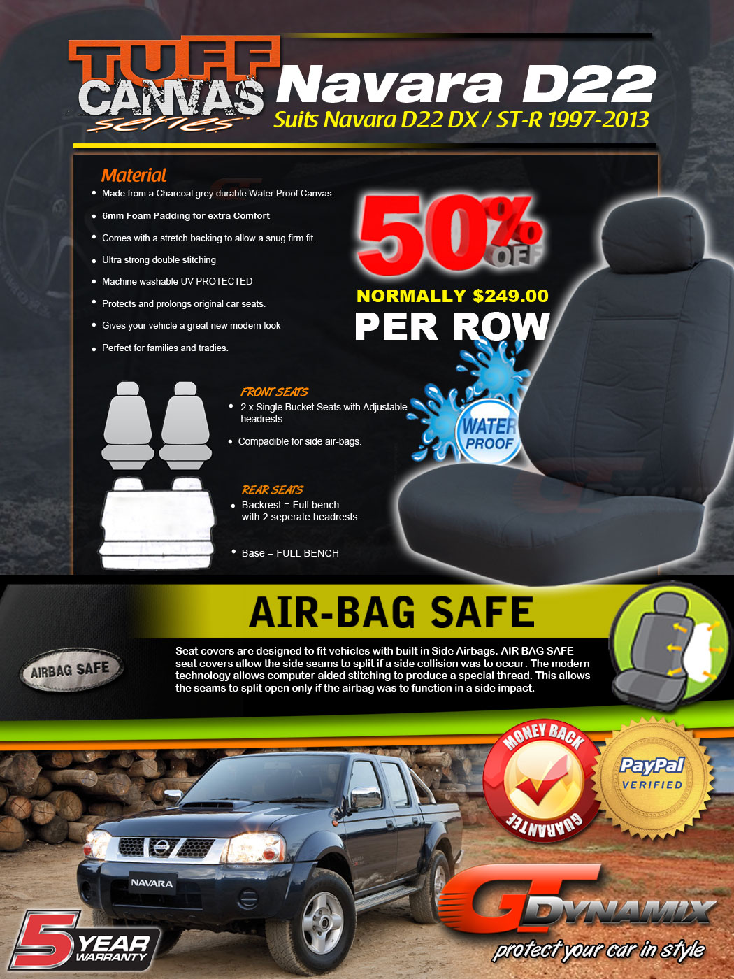 TUFF Canvas Nissan Navara D22 Custom Seat Covers F+R 04/19972015 DX