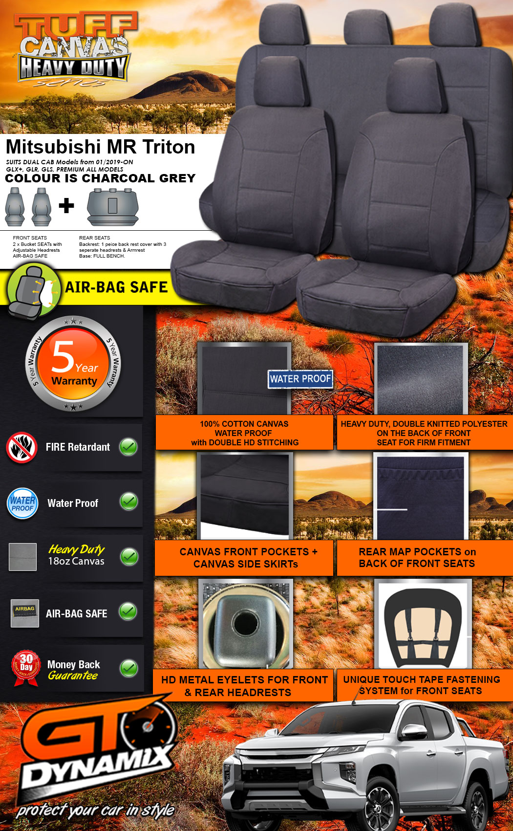 Tuff HD Canvas CHARCOAL Seat Covers 2ROW Mitsubishi Triton MR DUAL CAB